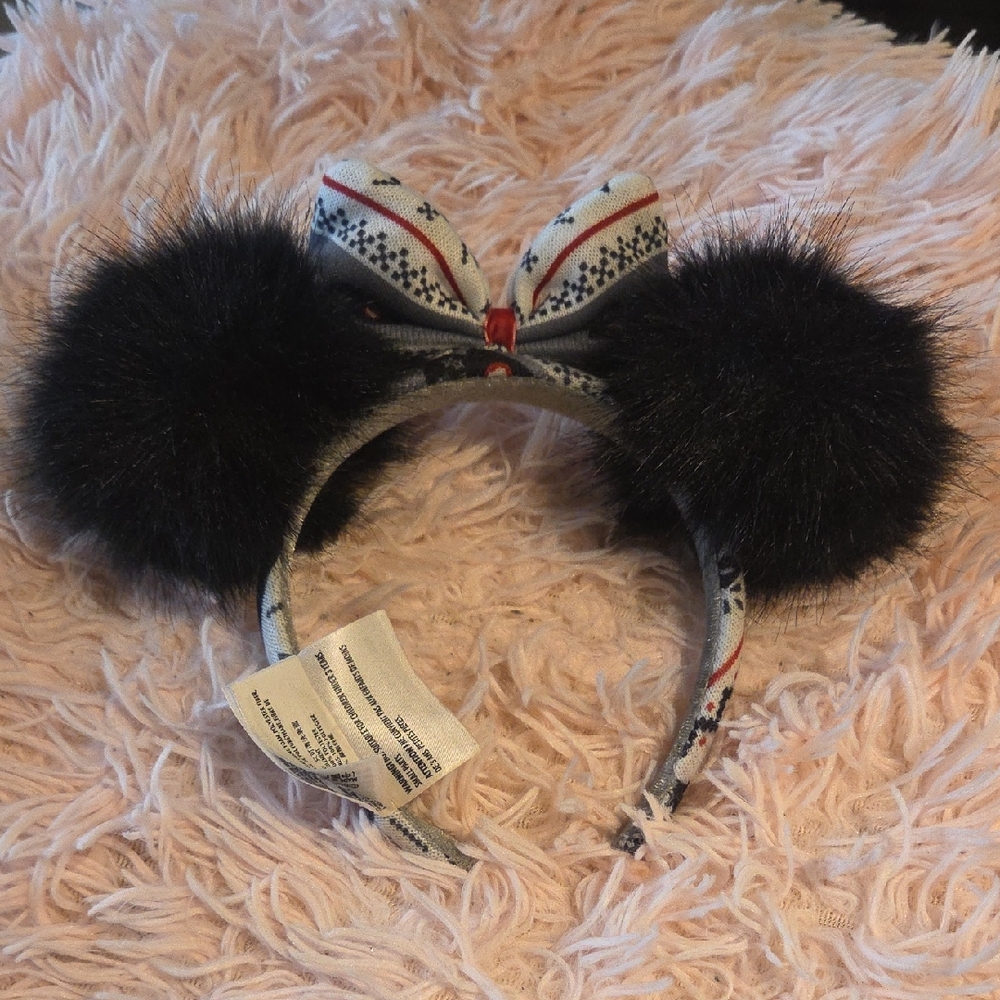 Disney Minnie Mouse Black Pom Pom Holiday Christmas Sweater Headband w/ Bow